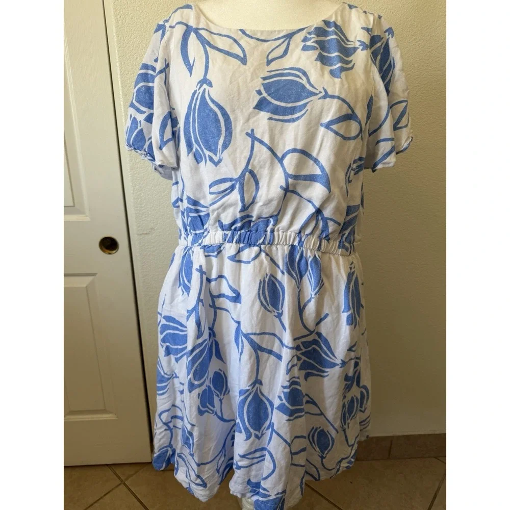 Lane Bryant Womens Plus Size 22 Blue White Floral Linen Fit Flare Dress Boatneck
